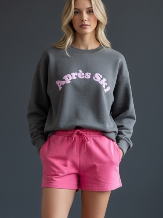 unbranded Tops - Gray Sweatshirt with Pink 'Après Ski' Print, S, oversized Comfy